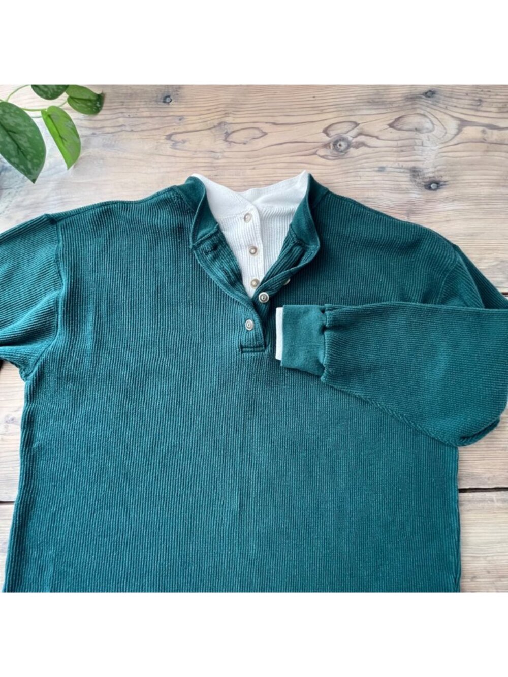 Great land Apparel Vtg Henley Waffle Knit Shirt Mens M Green 90s - Picture 5 of 7